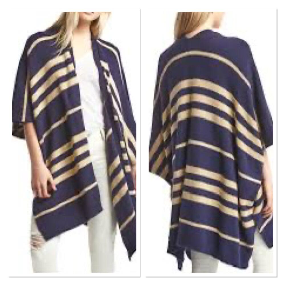 Gap blue Tan Stripe Wool Blend Poncho size XL - Picture 1 of 12